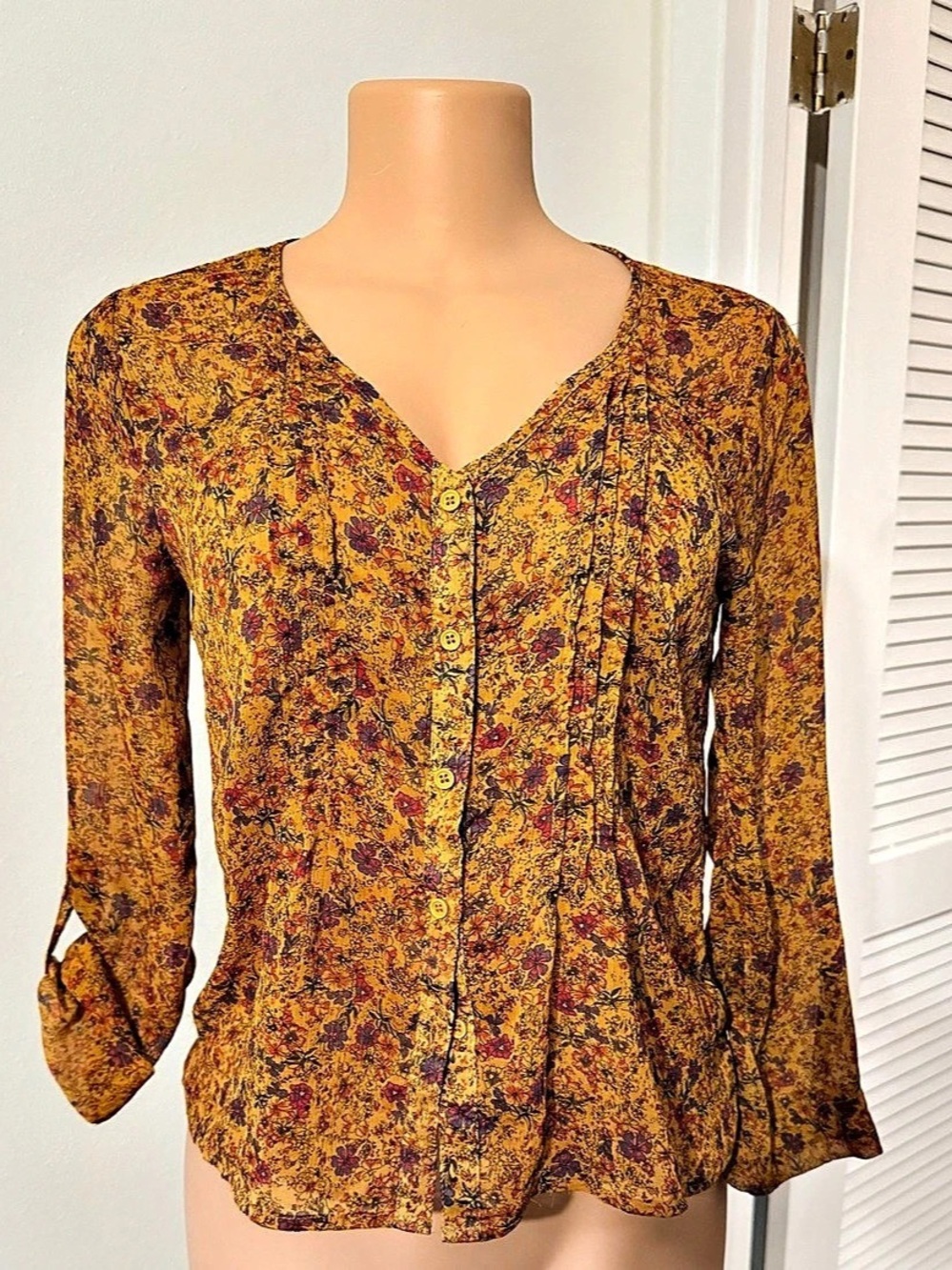 Floral Peplum Blouse in Yellow & Brown Like New
